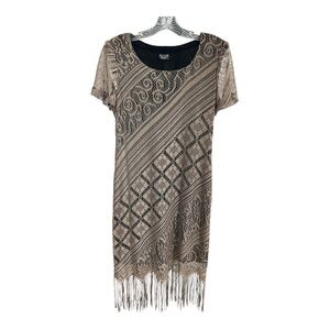 Vintage Helen Blake Dress Crochet Tan Fringe Hem Black Later
